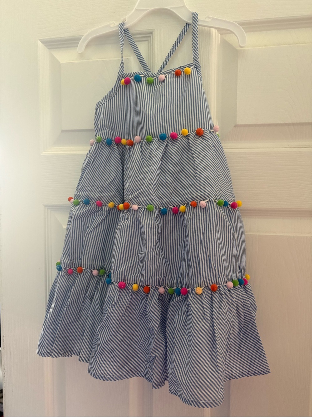 Maggie & Zoe Blue and White Striped Pom-Pom Tiered Sundress